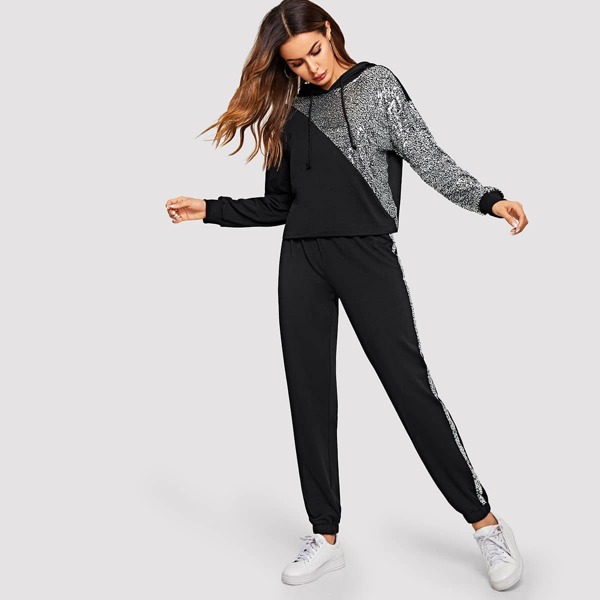 

Contrast Sequin Detail Drawstring Hoodie & Track Pants Set