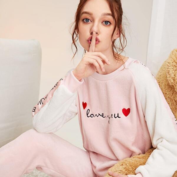 

Heart Embroidered Letter Tape Plush Pajama Set