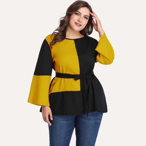 

Plus Contrast Panel Tie Waist Blouse