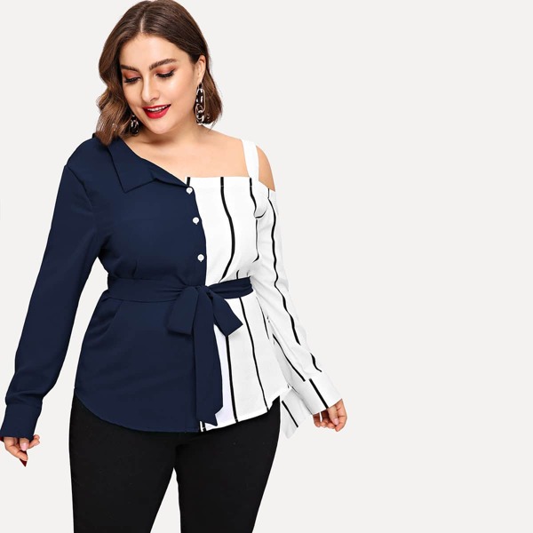 

Plus Striped Open Shoulder Blouse, Multicolor