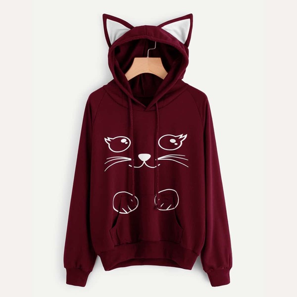 

Plus Cat Print Drawstring Hoodie