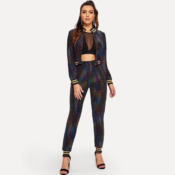 

Contrast Stripe Trim Sequin Jacket With Pants, Multicolor