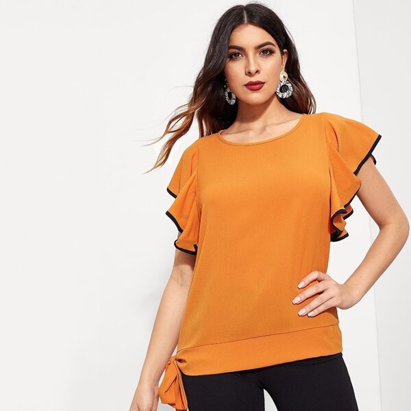 

Butterfly Sleeve Lace Tie Side Blouse