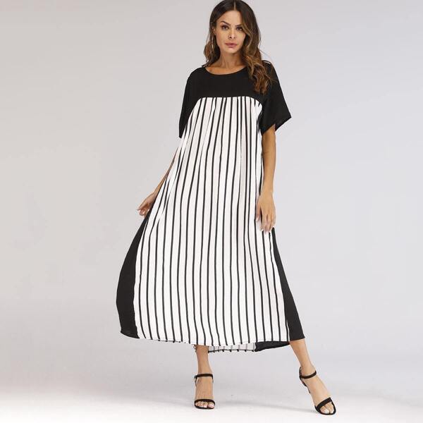 

Contrast Striped Print Longline Dress, Black and white