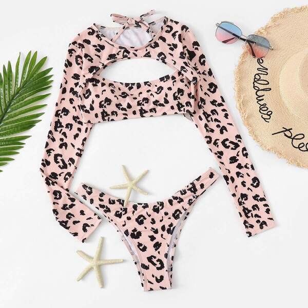 

Leopard Cut-Out Long Sleeve Top With High Leg Bikini