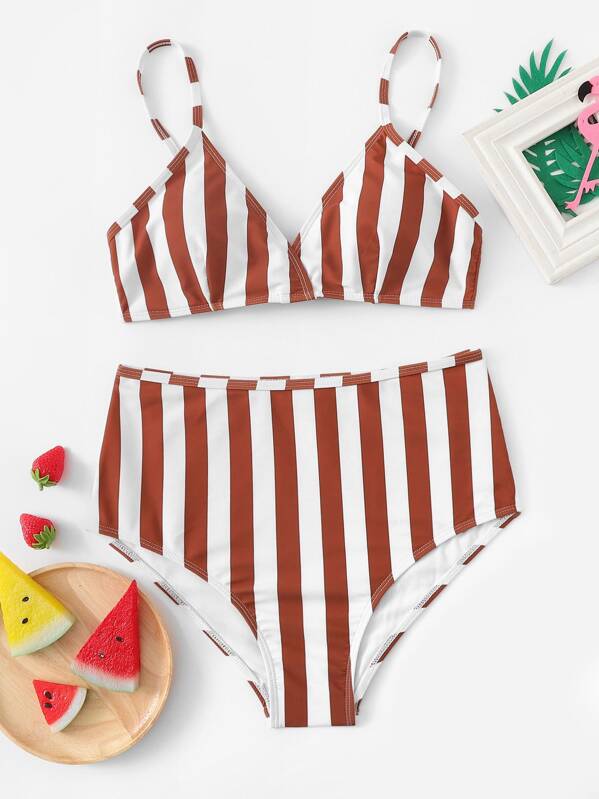 

Random Striped Top With High Waist Bikini Set