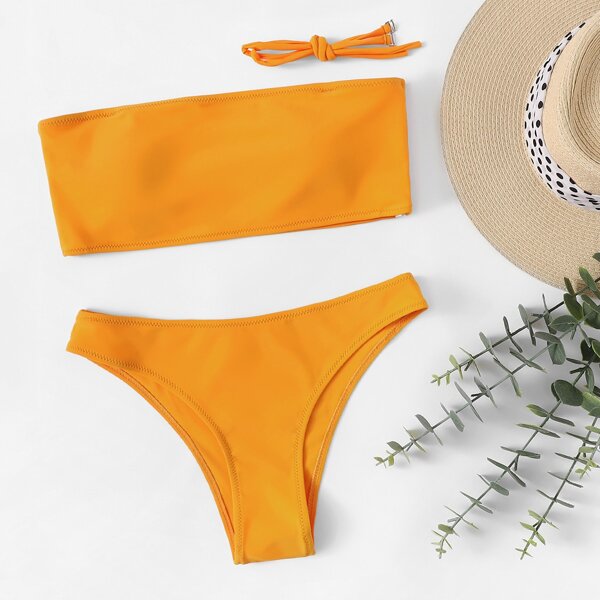 

Plain Cut-out Bandeau Bikini Set, Yellow bright