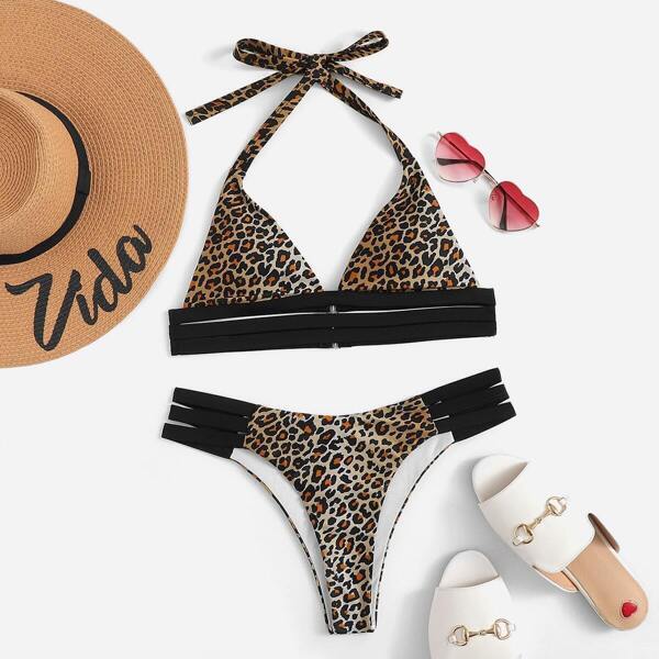 

Leopard Halter Top With Ladder Cut-out Bikini Set