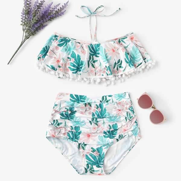 

Random Tropical Pom-pom Trim Top With Ruched Bikini