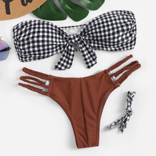 

Gingham Knot Front Bandeau With Braided Detail Bikini
