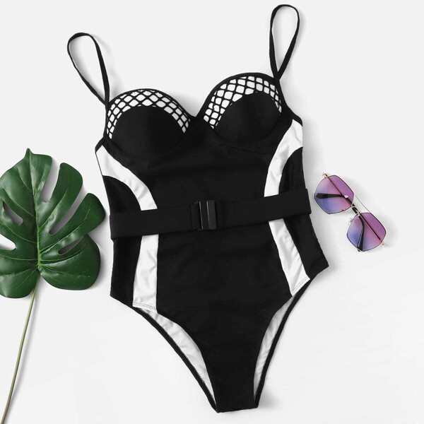 

Belted Two Tone One Piece Swimsuit
