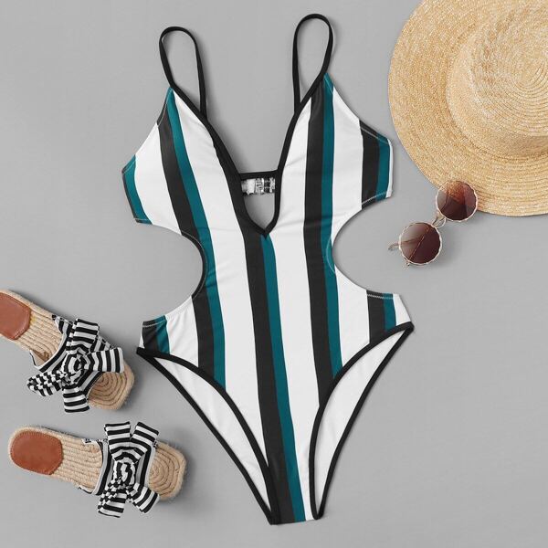 

Striped Cut-out Backless One Piece Swimsuit, Multicolor