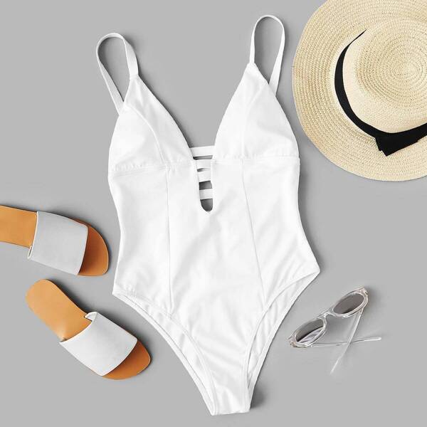 

Plunging Caged Back One Piece Swimsuit, White