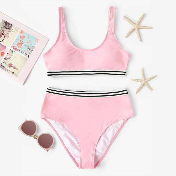 

Striped Hem Top With High Waist Bikini Set, Pink