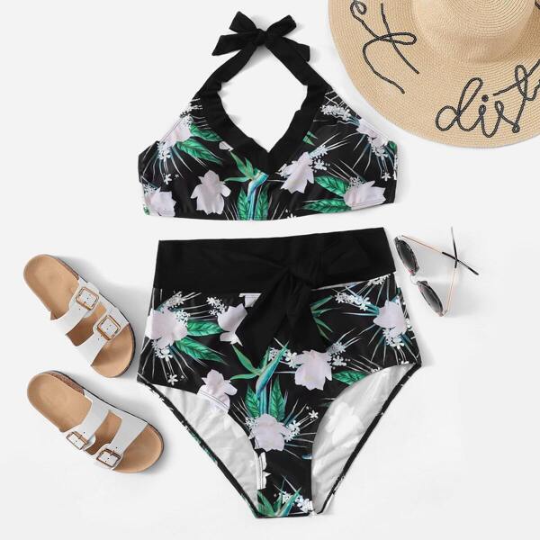 

Plus Random Tropical Halter Top With High Waist Bikini