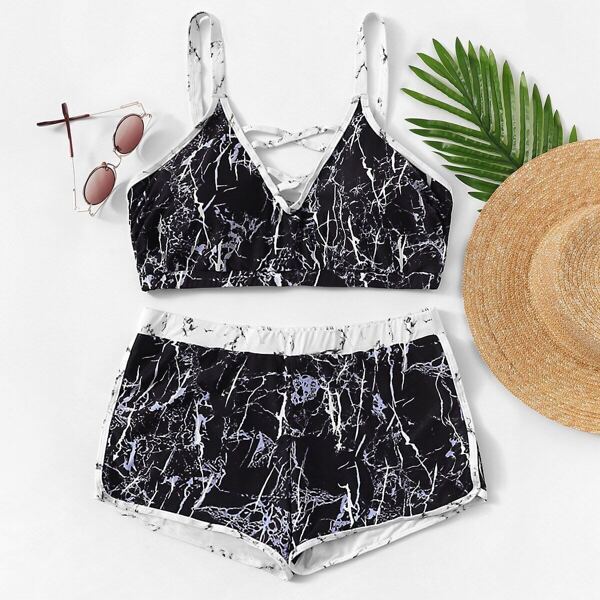 

Plus Marble Print Criss-cross Top With Shorts Bikini, Black and white