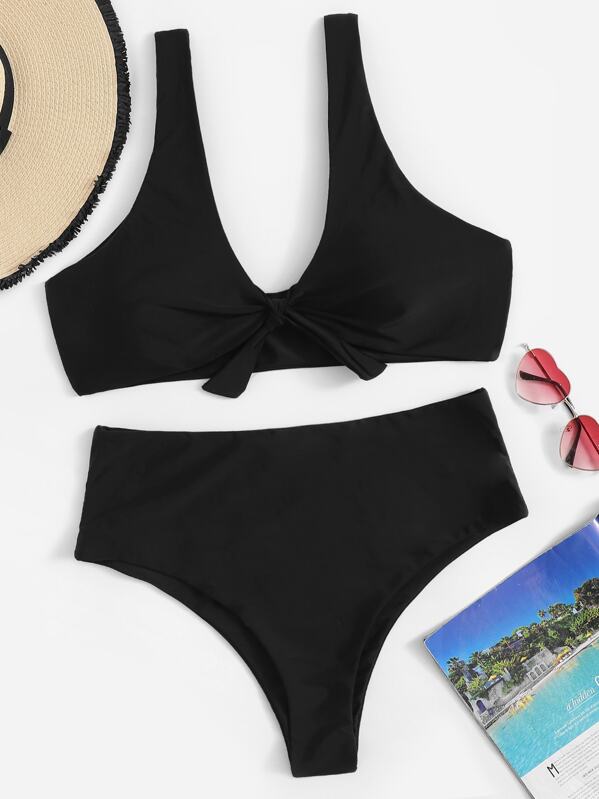 

Plus Knot Front Top With High Waist Bikini Set, Black