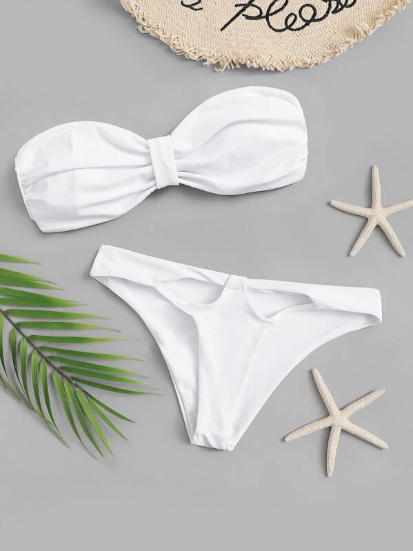 

Ruched Bandeau Top With Double Cut Out Bikini Set, White