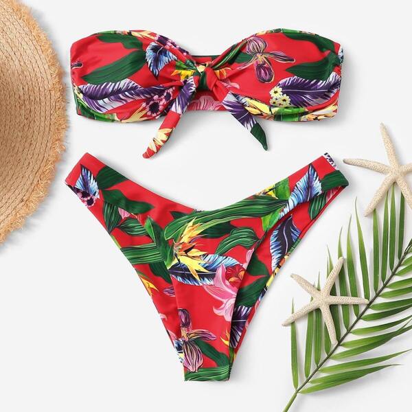 

Tropical Bandeau With High Leg Bikini Set, Multicolor