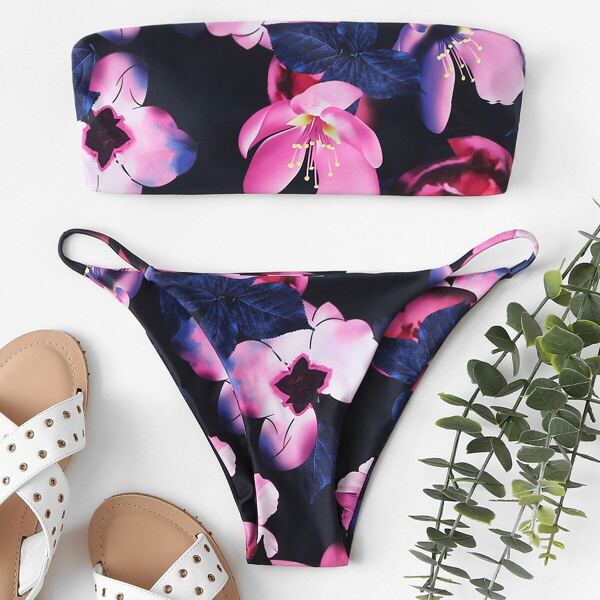 

Random Floral Bandeau With High Leg Bikini Set, Multicolor