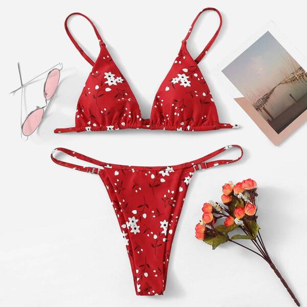 

Random Calico Print Top With High Leg Bikini Set