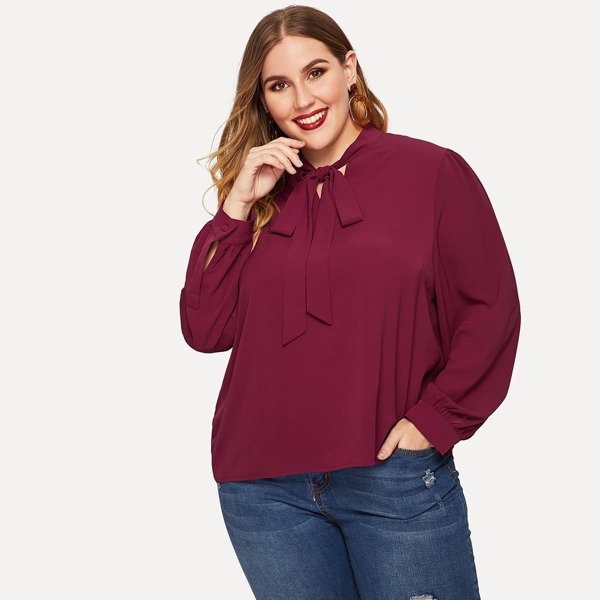 

Plus Tied Neck Solid Blouse