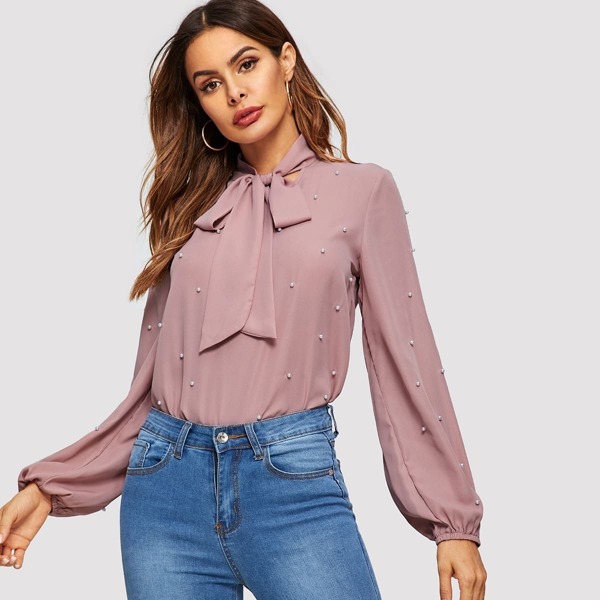 

Pearls Beaded Pussybow Blouson Sleeve Blouse