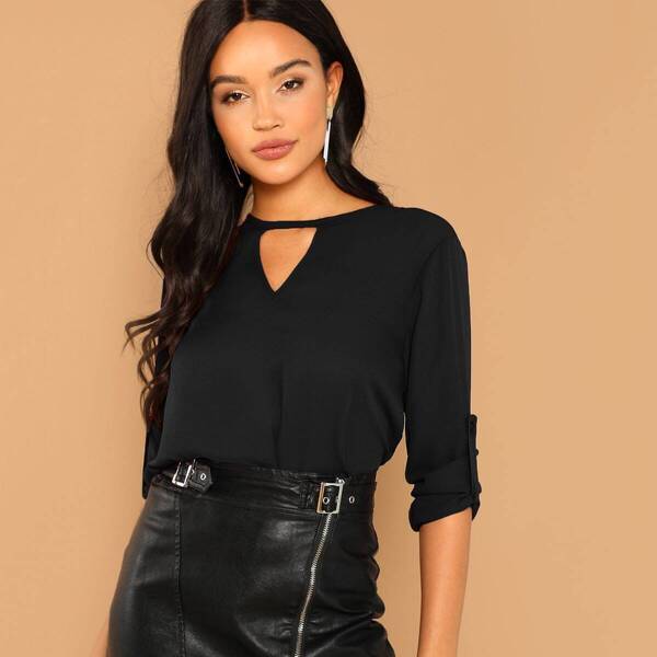 

V Cut Neck Roll Tab Sleeve Top, Black