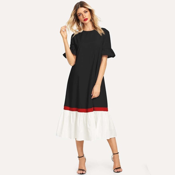 

Color-block Ruffle Cuff & Hem Dress, Black