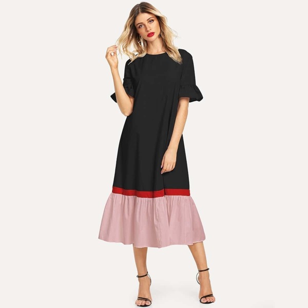 

Color-block Ruffle Cuff & Hem Dress, Black