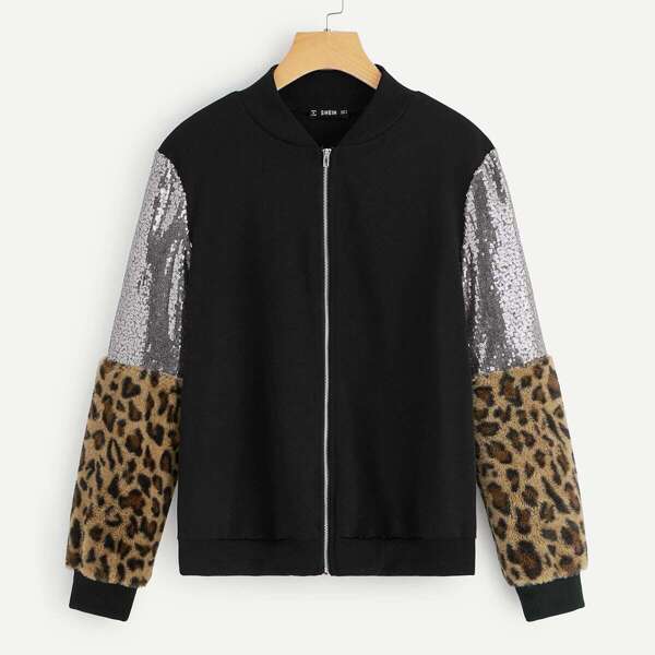 

Contrast Sequin Leopard Sleeve Bomber Jacket