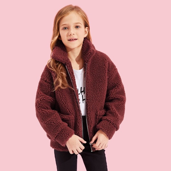 

Girls Zip Up Pocket Patched Solid Teddy Jacket