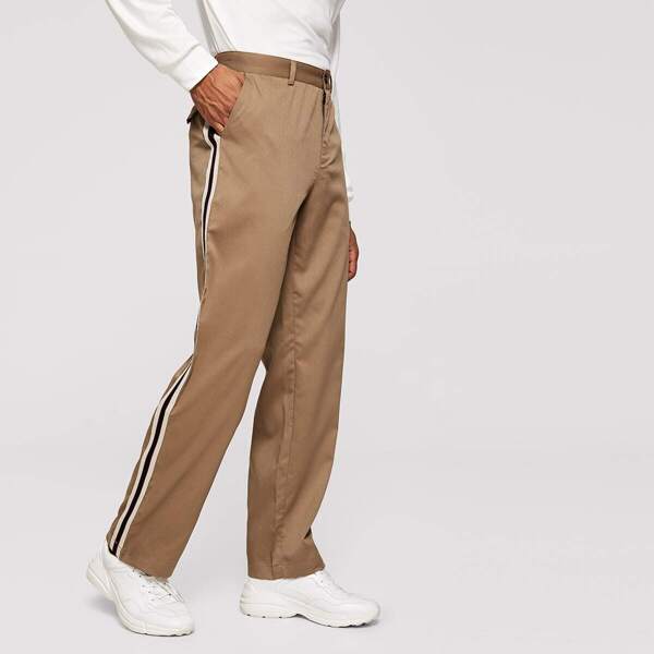 

Men Stripe Side Slant Pocket Pants, Camel