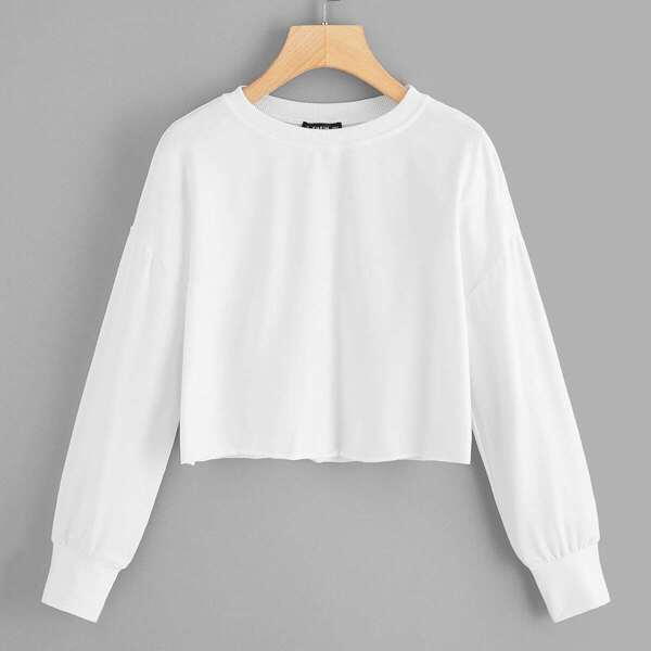 

Solid Raw-Cut Cropped Pullover, White
