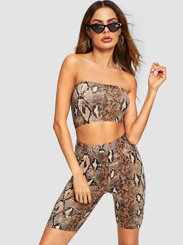 

Snake Print Crop Bandeau Top & Leggings Shorts Set, Multicolor, Andy