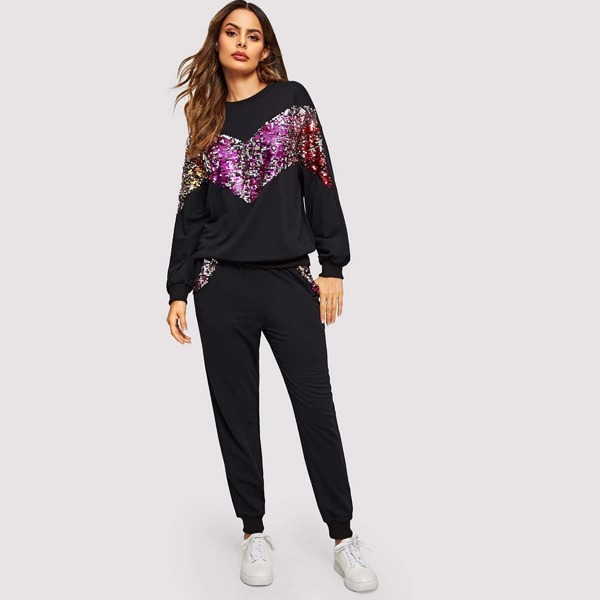 

Contrast Sequin Chevron Pullover & Pants Set