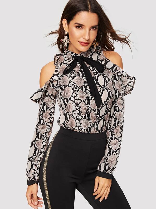 

Tie Neck Cold Shoulder Snakeskin Top, Multicolor, Juliana
