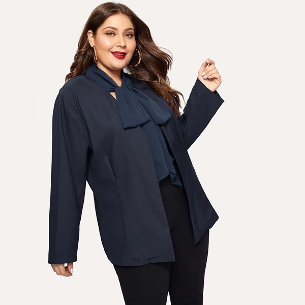 

Plus Open Front Tied Neck Coat, Navy