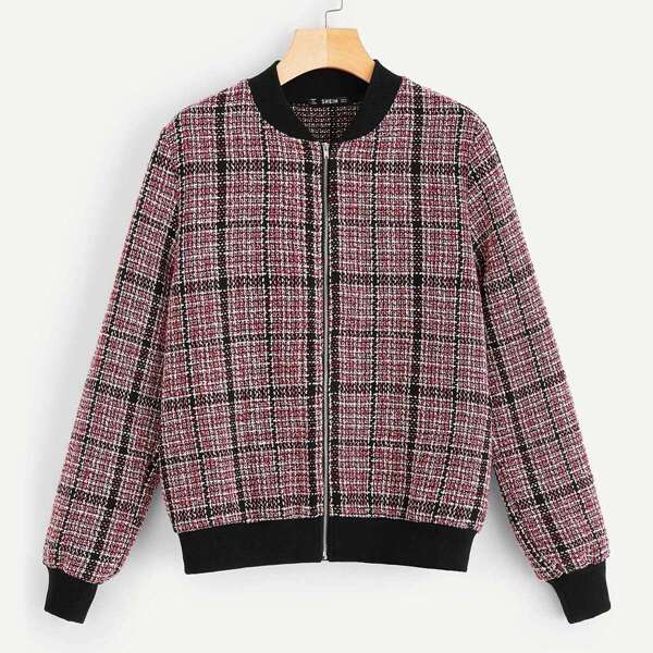 

Contrast Trim Tweed Bomber Jacket