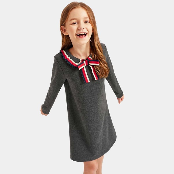 

Girls Striped Bow Neck Heather Gray Dress