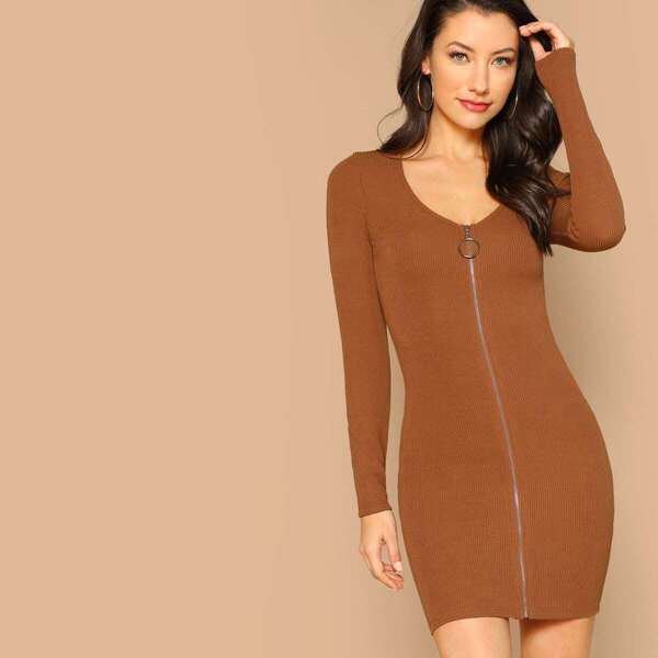 

Ring Detail Zip Front Rib Knit Low Cut Mini Dress, Camel