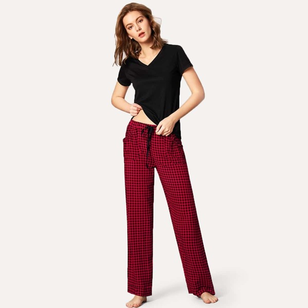

Solid Top & Gingham Pants PJ Set, Multicolor