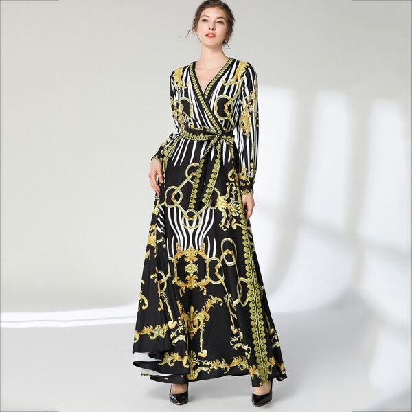 

Graphic Print Waist Tie Wrap Longline Dress, Multicolor