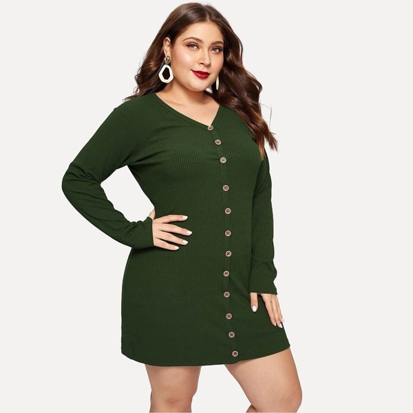 

Plus Single-breasted V-neck Ribbed Dress