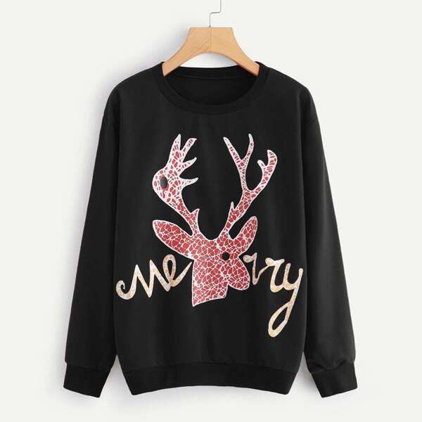 

Christmas Fawn And Letter Print Sweatshirt