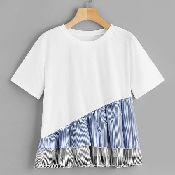 

Ruffle Hem Striped Tee, White