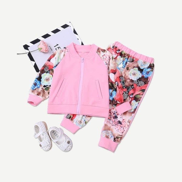 

Toddler Girls Floral Print Raglan Sleeve Coat With Pants, Pink