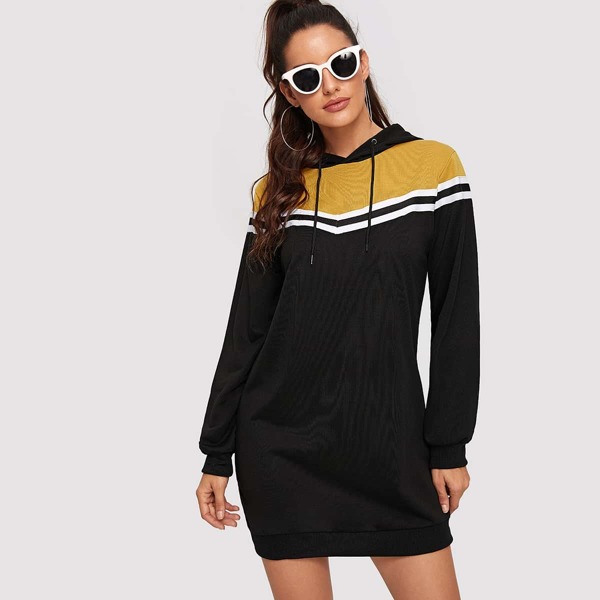 

Cut And Sew Panel Hooded Sweatshirt Dress, Black
