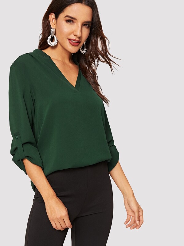 

V-cut Neck Roll Tab Sleeve Top, Green, Juliana