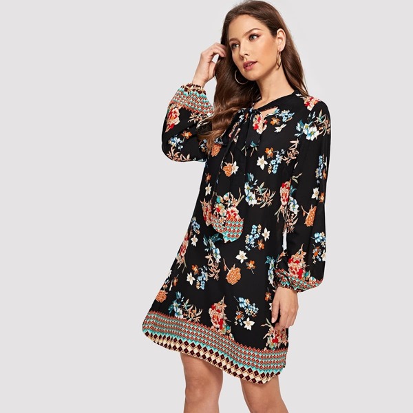 

Tied Neck Mixed Print Dress